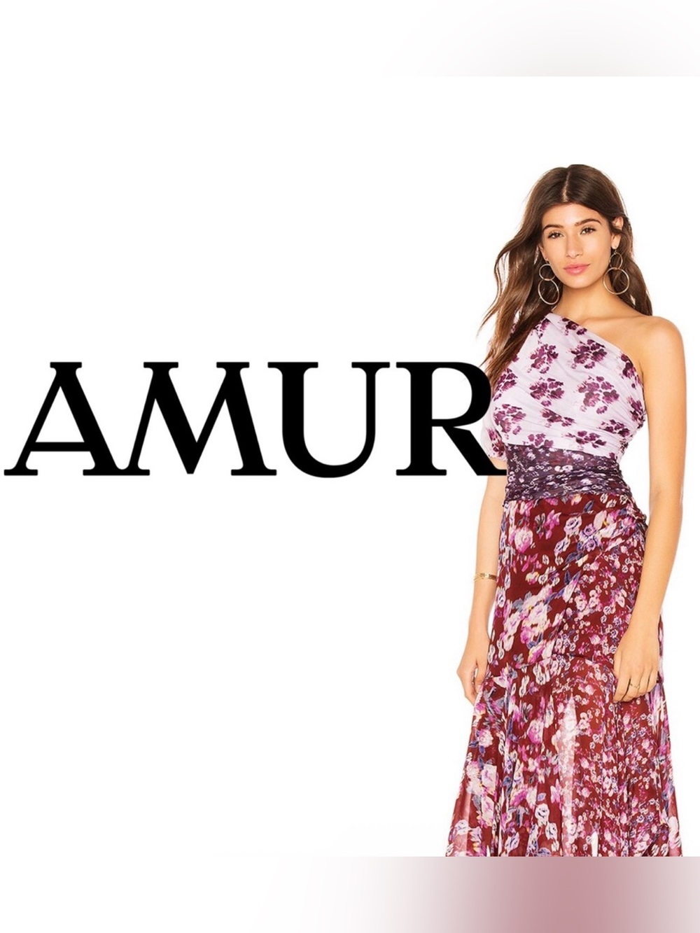 AMUR Floral One-Shoulder Maxi Dress in Lavender and Burgundy Mix